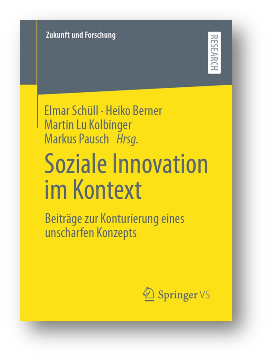 Buchcover des Sammelbandes mit dem Titel Soziale Innovationen im Kontext.  Gelb gefärbt