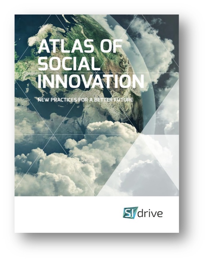 Buchcover des ersten Atlas of Social Innovation. Blau, grün und weiß gefärbt